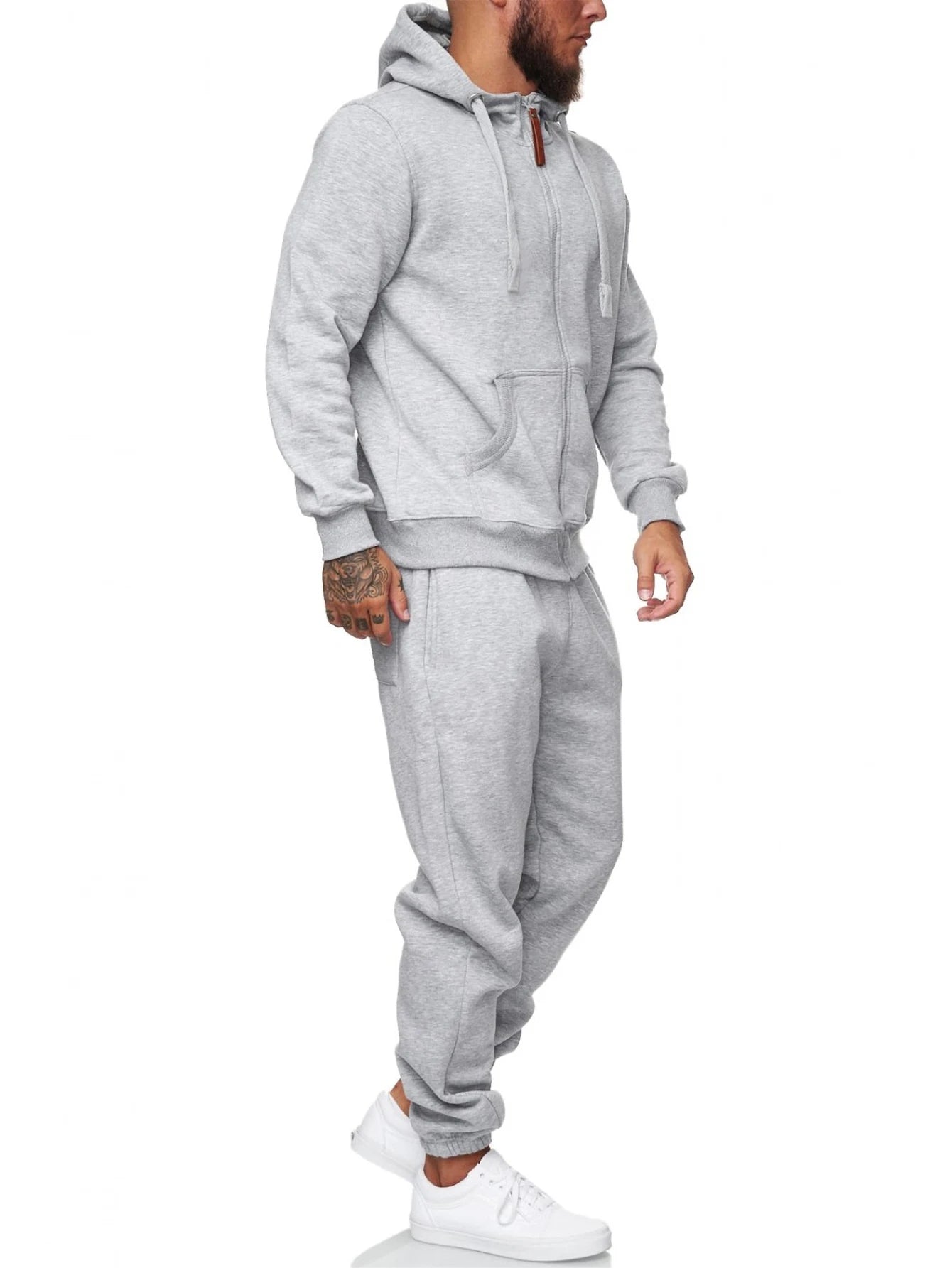 Men's grey 2-piece tracksuit set featuring a zip-up hoodie and jogger pants, perfect for gym and casual wear.