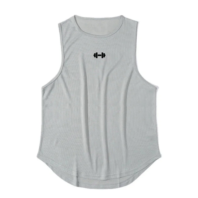 Light grey men's running vest tank top with dumbbell graphic, breathable fabric for workouts and outdoor activities.