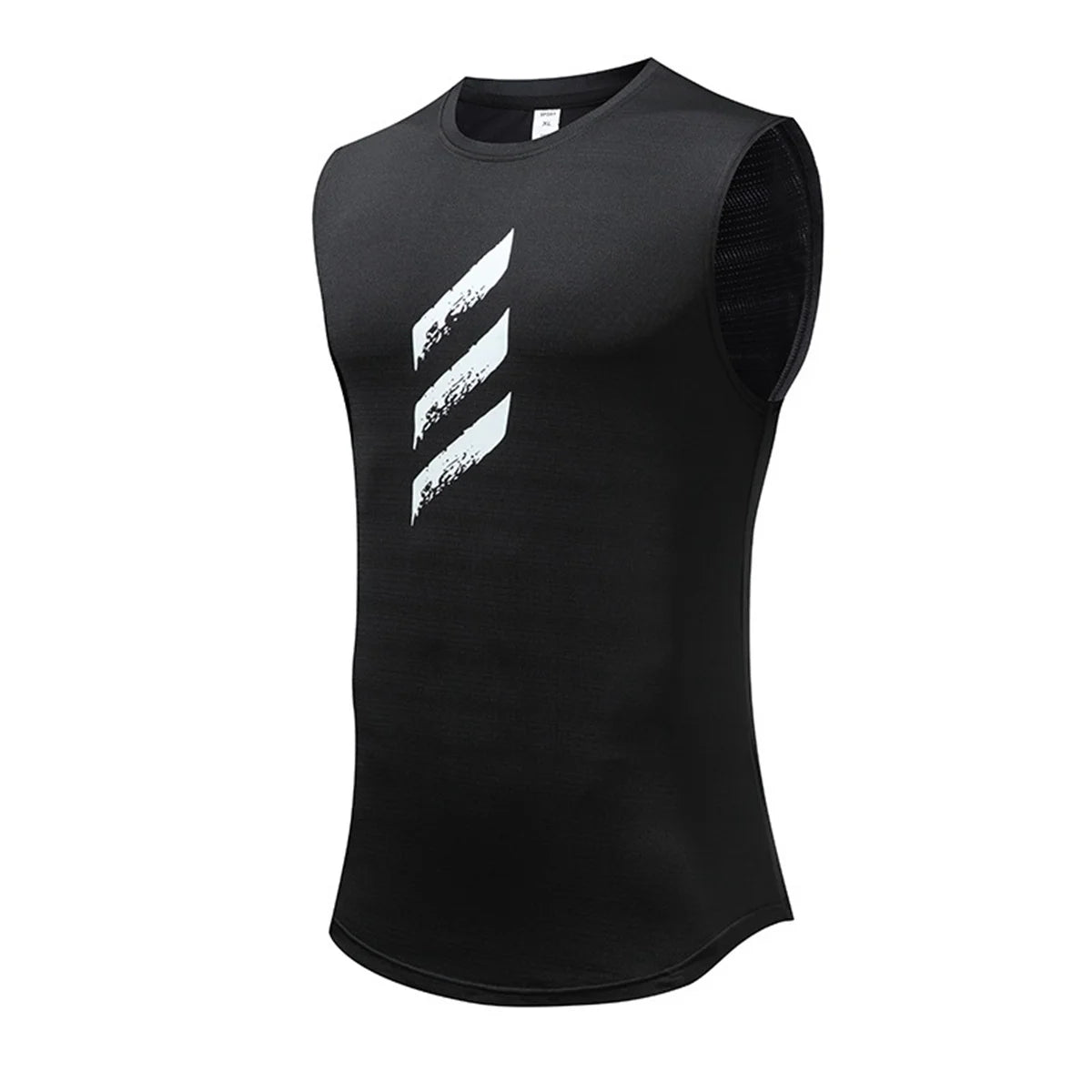 Men’s quick-dry black sleeveless gym tank top designed for workouts and athletic training, featuring a stylish graphic design.