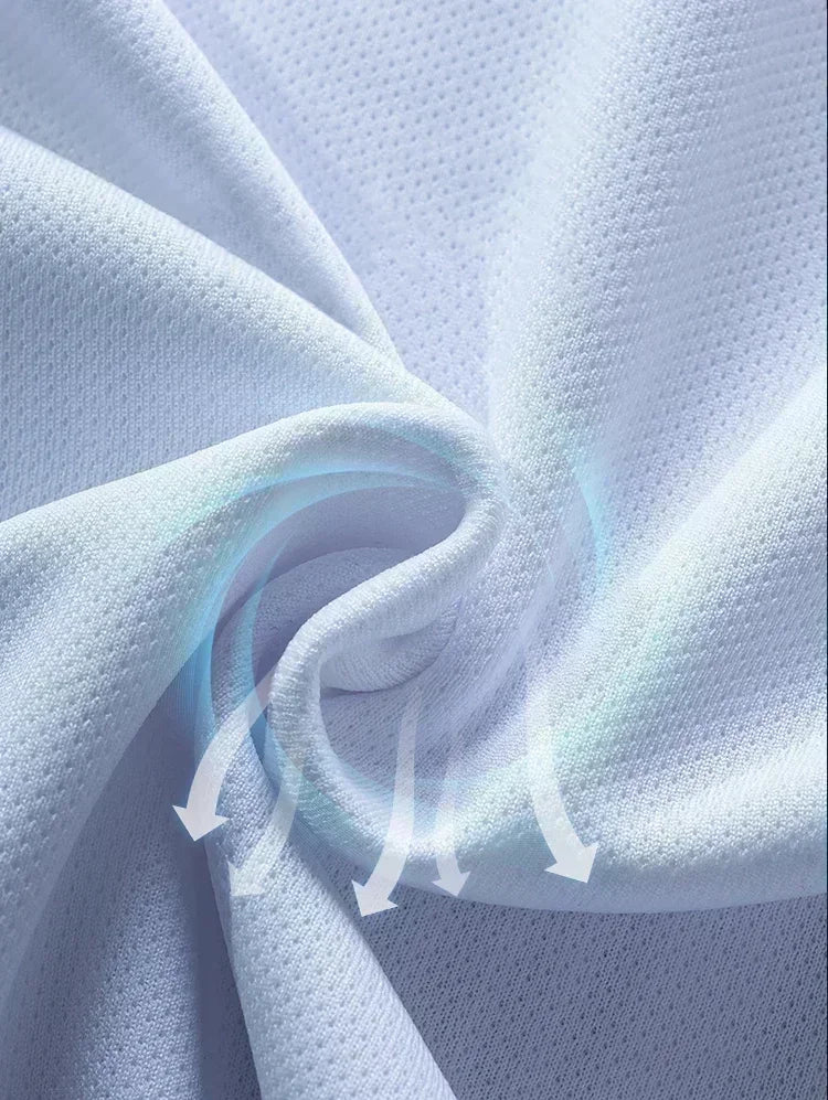 Close-up of breathable white fabric showcasing moisture-wicking features of a quick-dry racing style t-shirt.