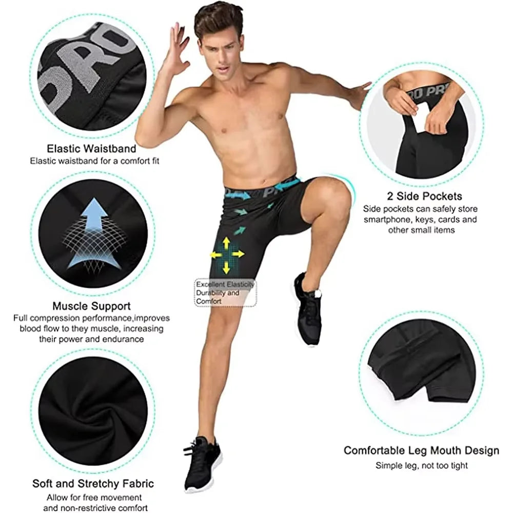 Men's compression gym shorts with elastic waistband, pockets, and muscle support for ultimate comfort and performance.
