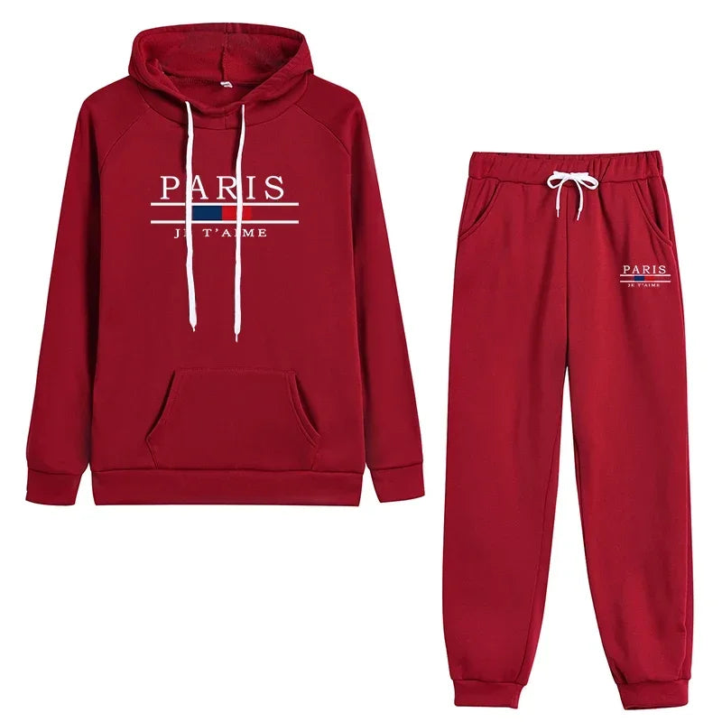Red Casual Sports Jogging Suit with hoodie and pants featuring Paris print, perfect for workouts and lounging.