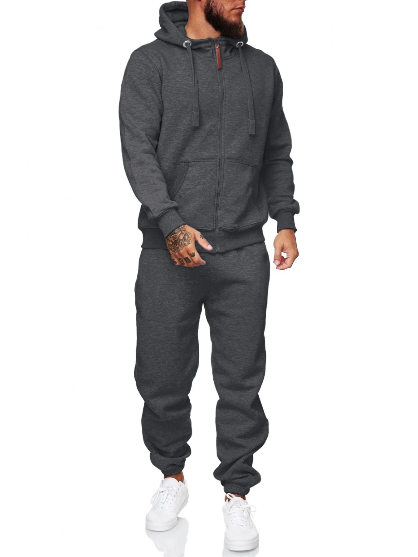 Men’s 2-piece tracksuit set featuring a zip-up hoodie and jogger pants in stylish gray color.