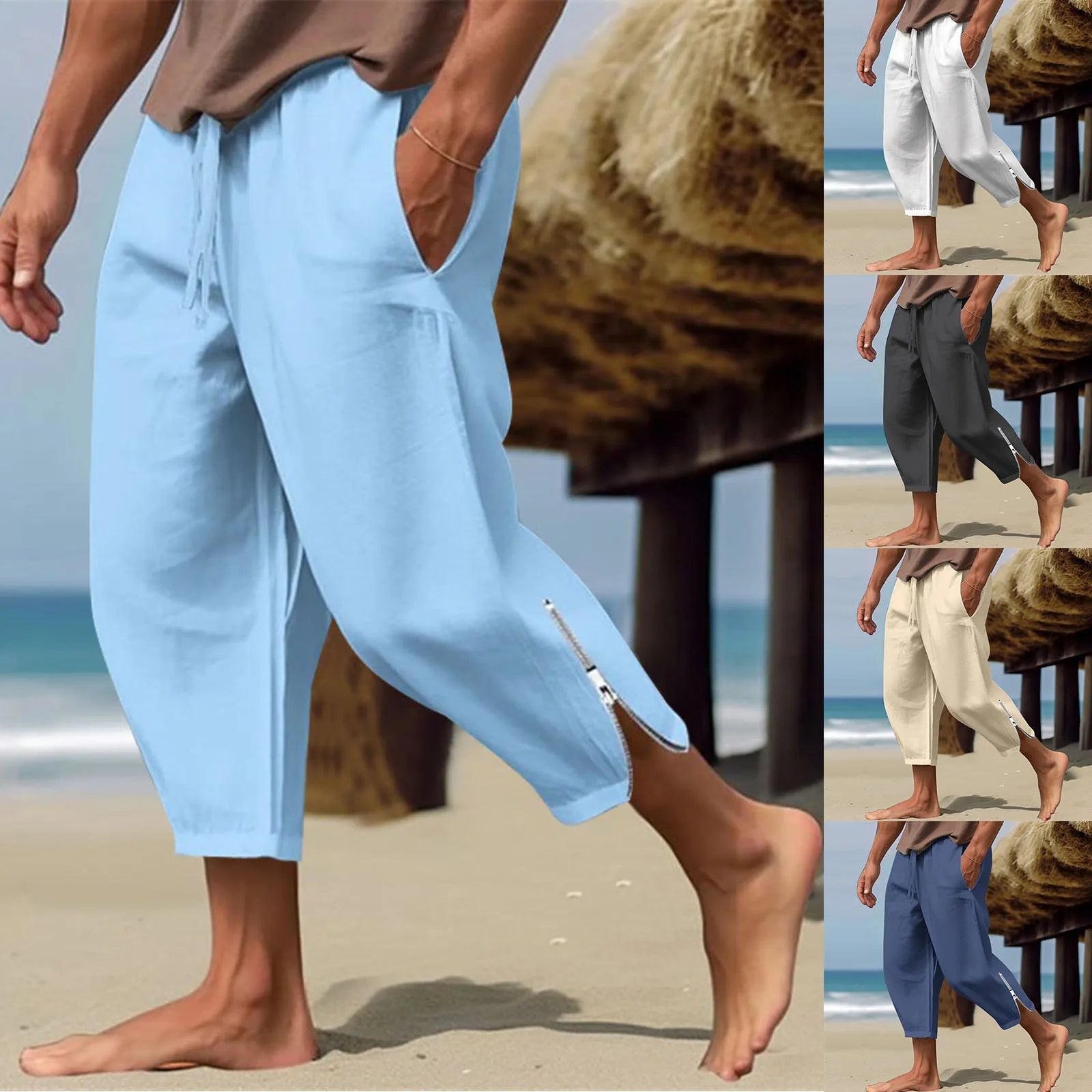 Men's lightweight solid color harem capri pants featured in beach setting, showcasing style and comfort.