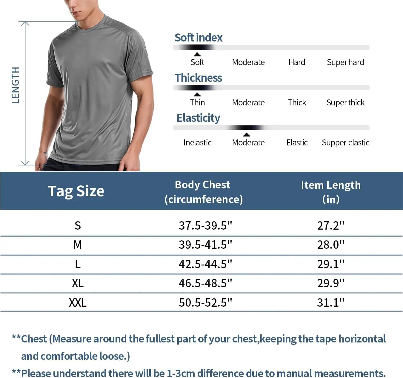 Men's workout shirt size chart with dimensions, soft index, thickness, and elasticity details for optimal fit.