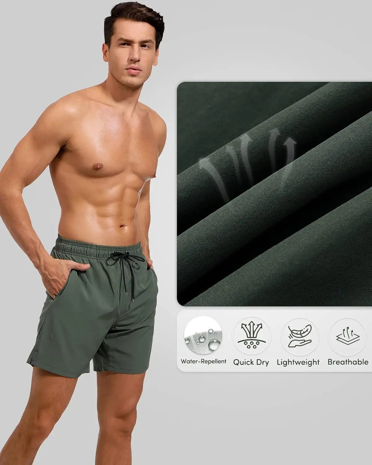 Men's athletic shorts in olive green showcasing quick-dry, lightweight fabric with water-repellent features.