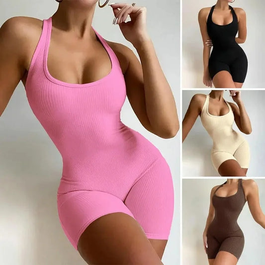 Backless sleeveless workout bodysuit in pink, black, beige, and brown, showcasing a form-fitting design for active wear.