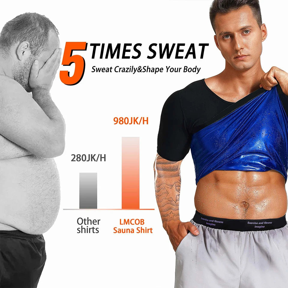 Men's sauna sweat vest comparison showing increased sweat levels for effective fat burning and body shaping.