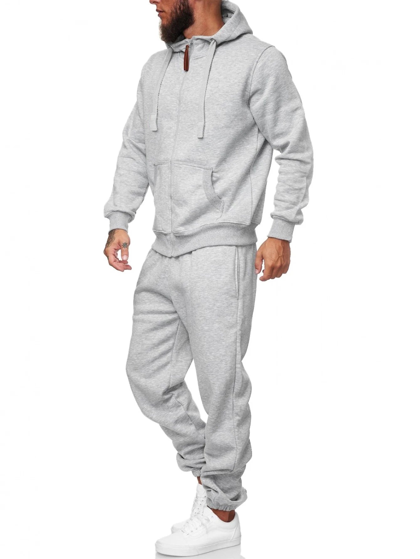 Men's gray 2-piece tracksuit set featuring a zip-up hoodie and jogger pants, ideal for athletic and casual wear.