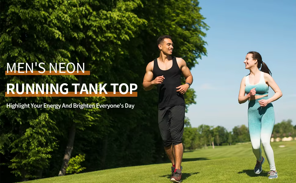 Two runners wearing men's neon tank tops on a sunny day, showcasing vibrant workout attire for high-performance activities.