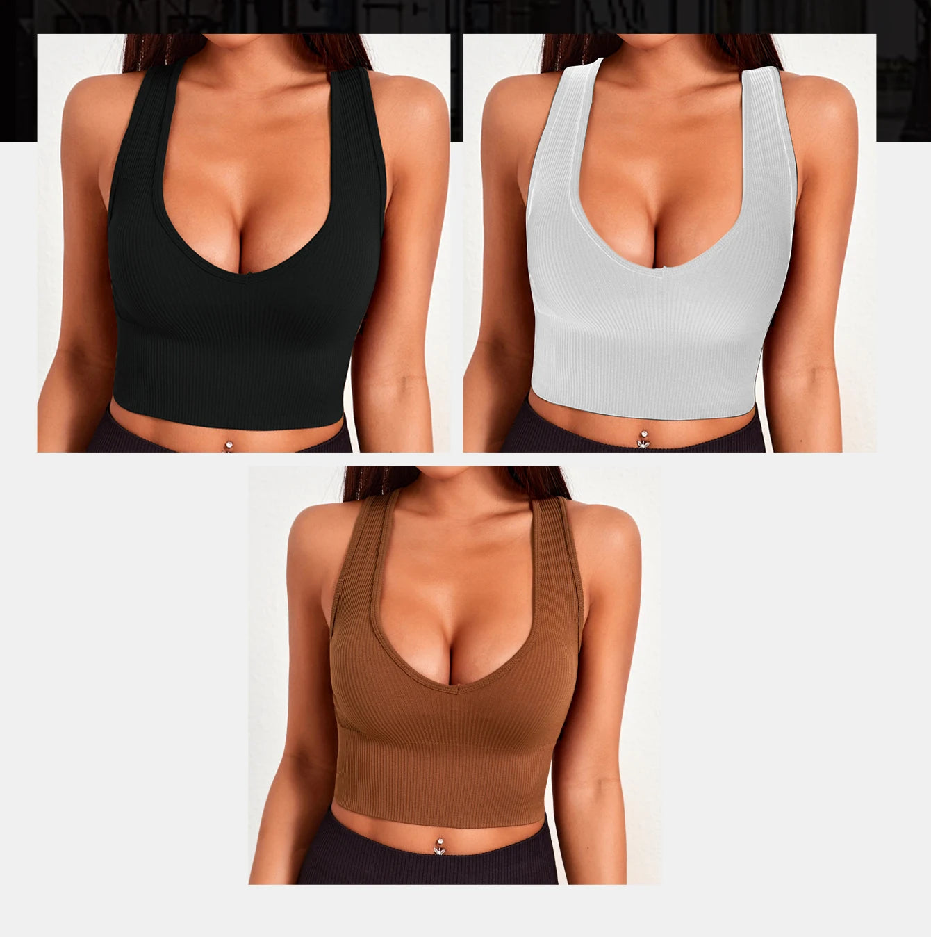Seamless ribbed yoga vests in black, white, and brown, designed for women, offering comfort and breathability.