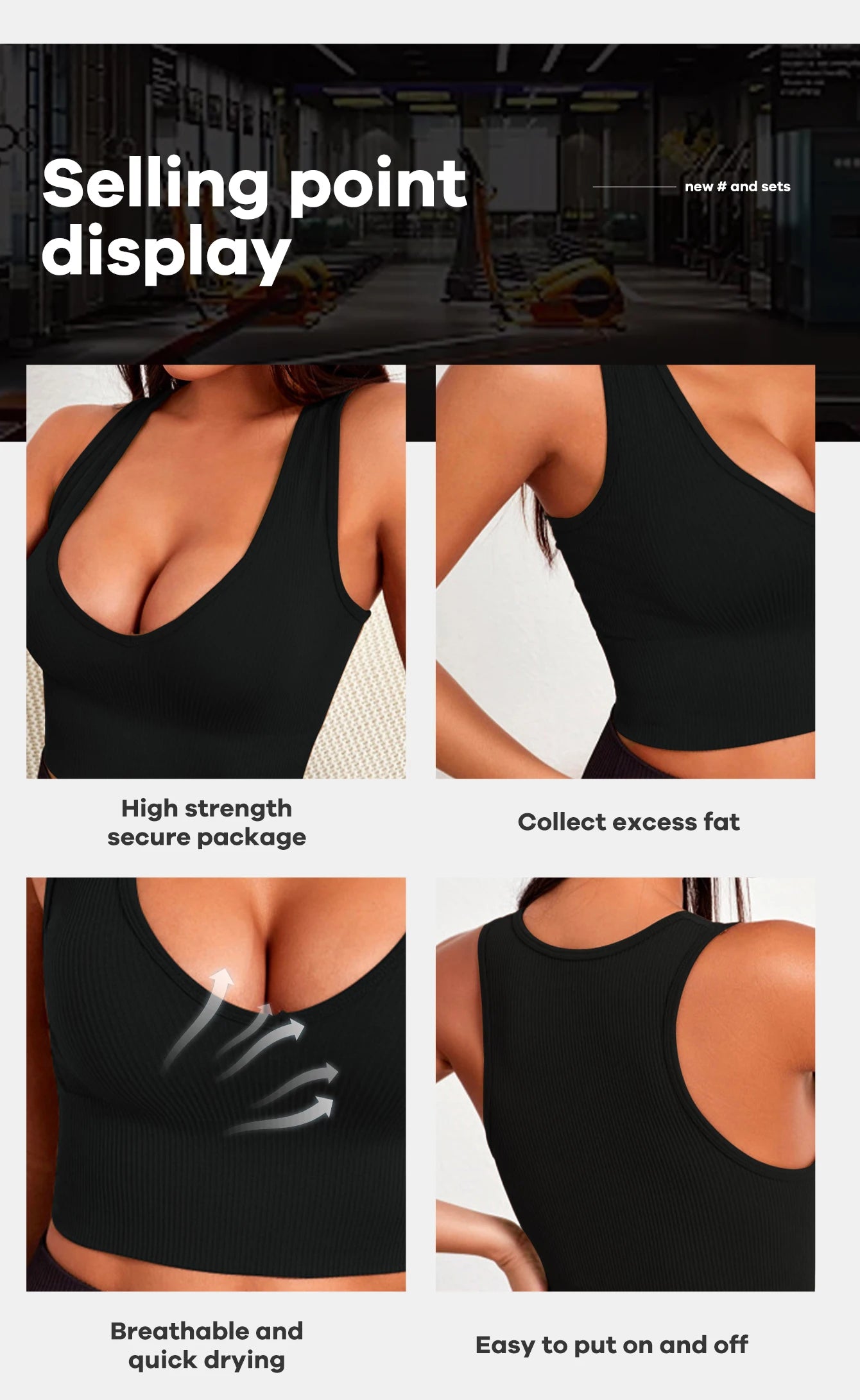 Collage of Seamless Ribbed Yoga Vest features showcasing support, breathability, and ease of wear.