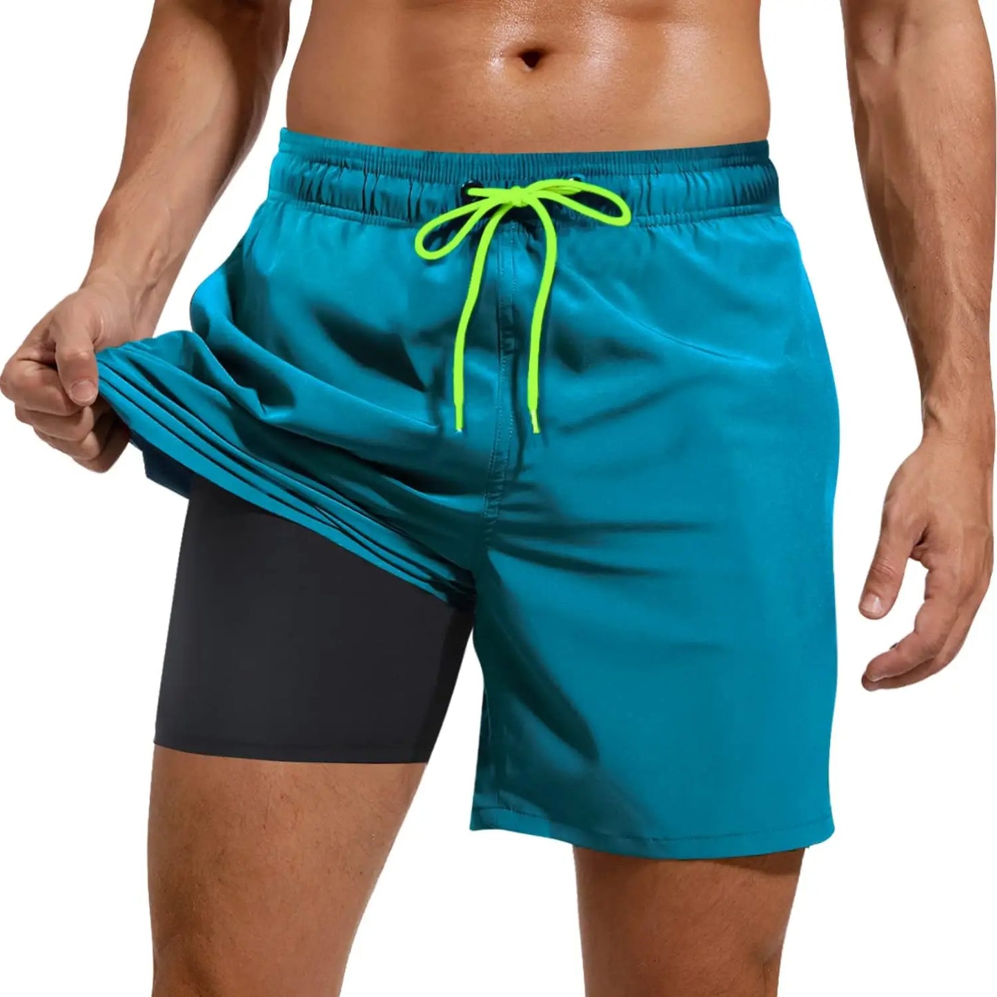 Close-up of Men's Lightweight Running Shorts in teal with quick-dry technology and breathable fabric.