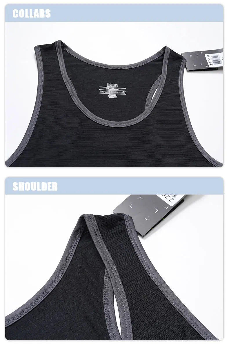 Close-up of men's lightweight sleeveless gym shirt showing collar and shoulder design for breathability and comfort.