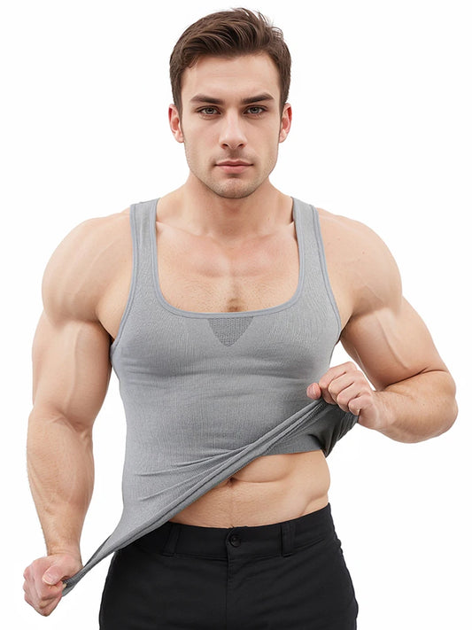 Men's compression tank top on muscular man showcasing its slimming body shaper design and cool fit.