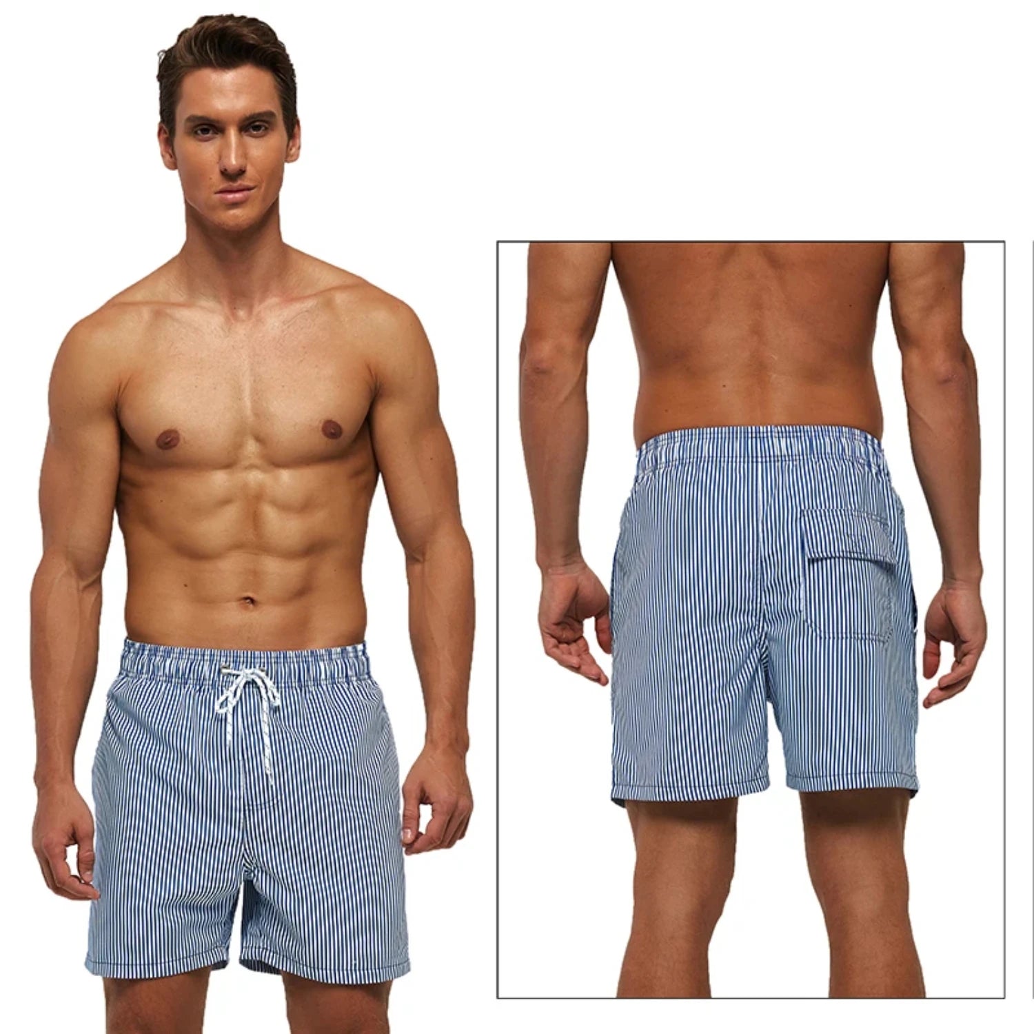 Men's summer beach print surfing shorts in blue stripes, front and back view, perfect for pool and beach activities.