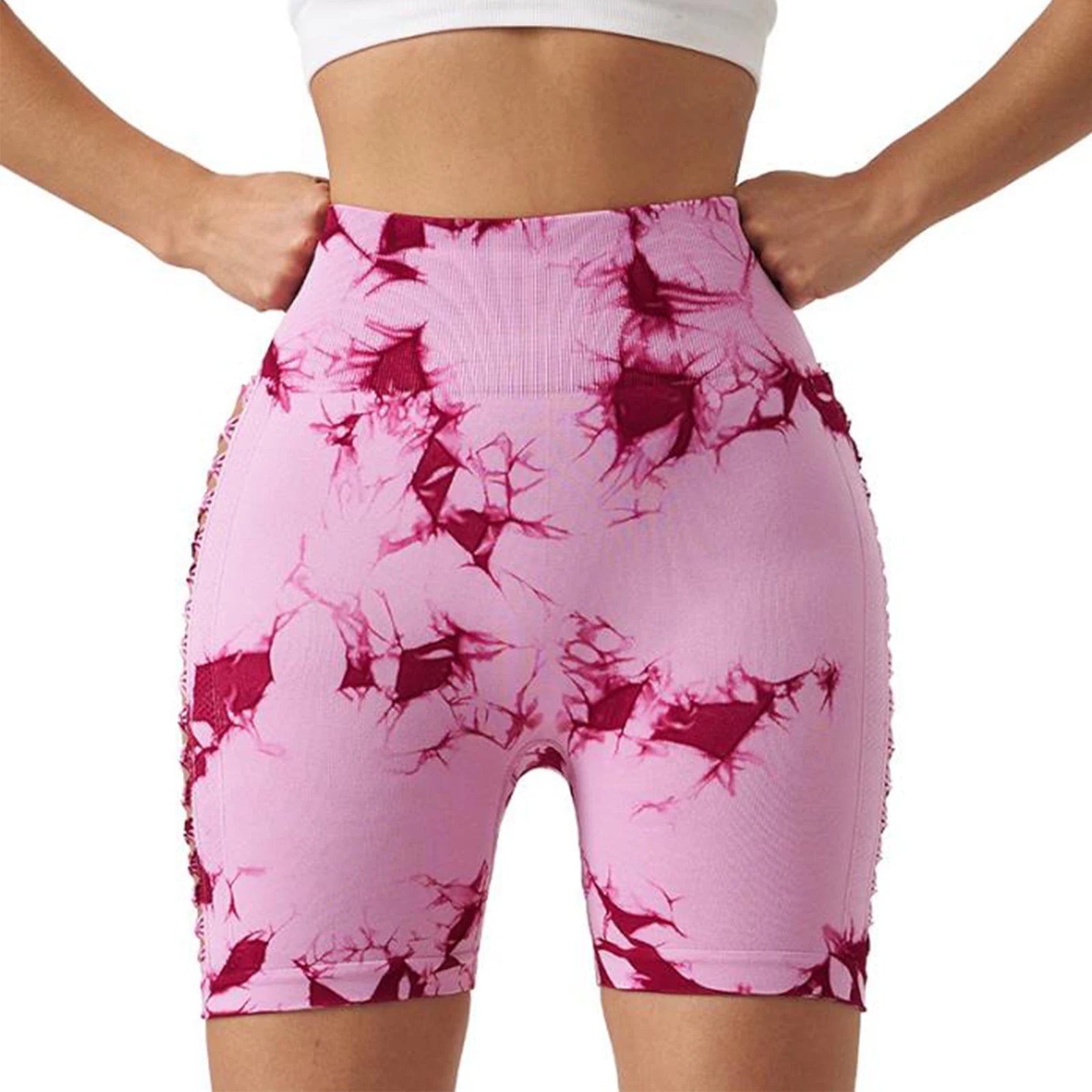 Women High Waist Yoga Shorts in pink with maroon abstract design, offering comfort and style for workouts.