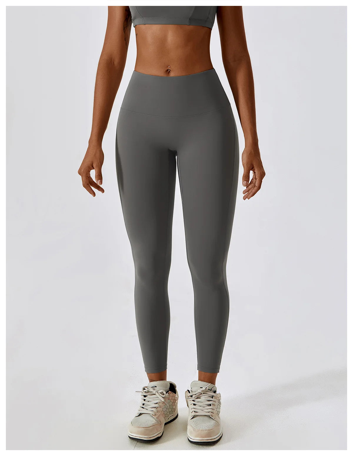High-waist scrunch butt yoga leggings in grey, designed for comfort, style, and a flattering fit.