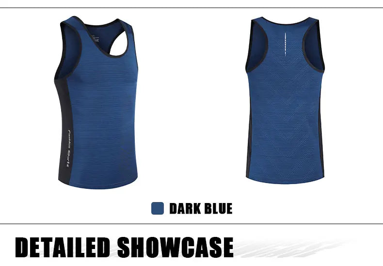 Men's lightweight sleeveless gym shirt in dark blue, designed for breathability and comfort during workouts.