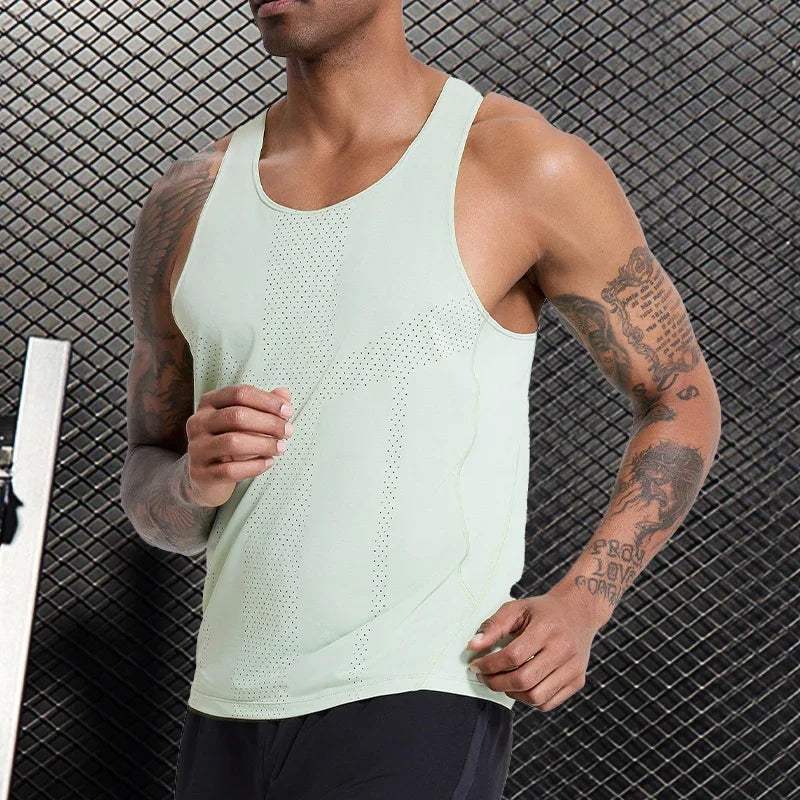 Men's quick-dry sleeveless basketball workout shirt in light green, designed for breathability and performance.