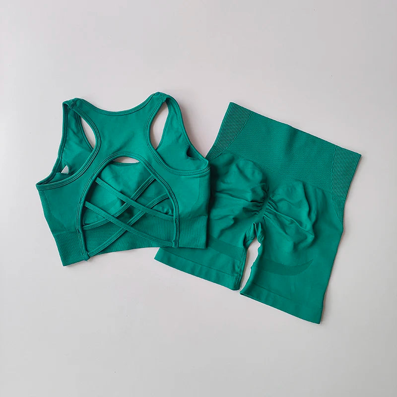 2-Piece Seamless Yoga Set in teal featuring a sleeveless sports bra and high-waisted shorts for comfort and style.