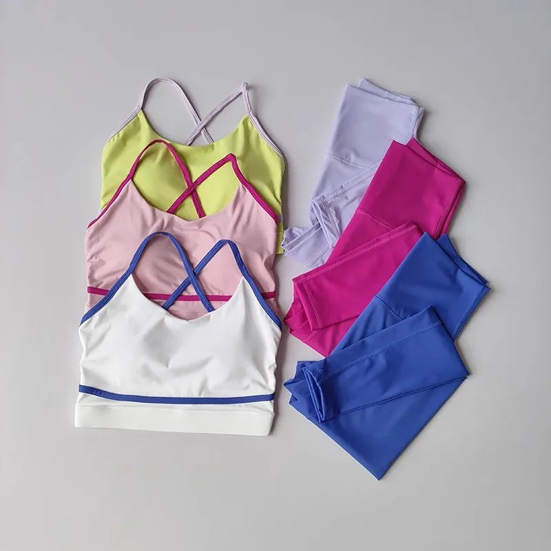 Colorful 2-piece women's yoga set featuring sports bras and high-waisted leggings in various styles and shades.