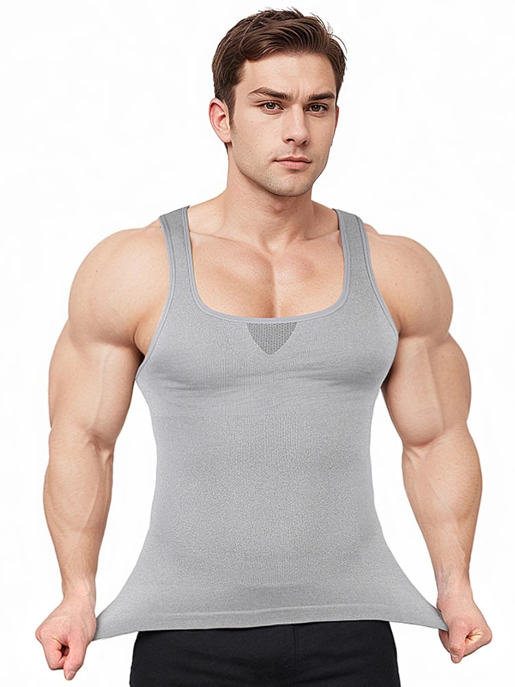 Men's compression tank top on muscular man, designed for core definition and improving posture.