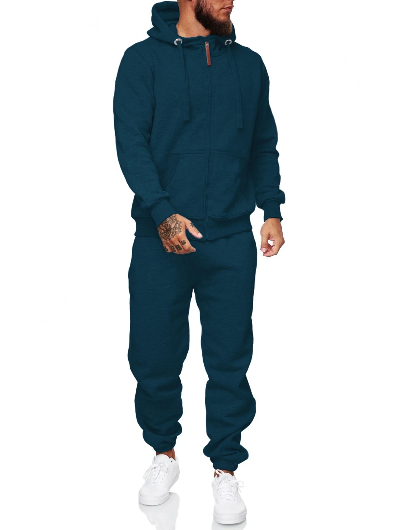 Men's teal 2-piece tracksuit set featuring zip-up hoodie and matching jogger pants, perfect for casual wear and workouts.