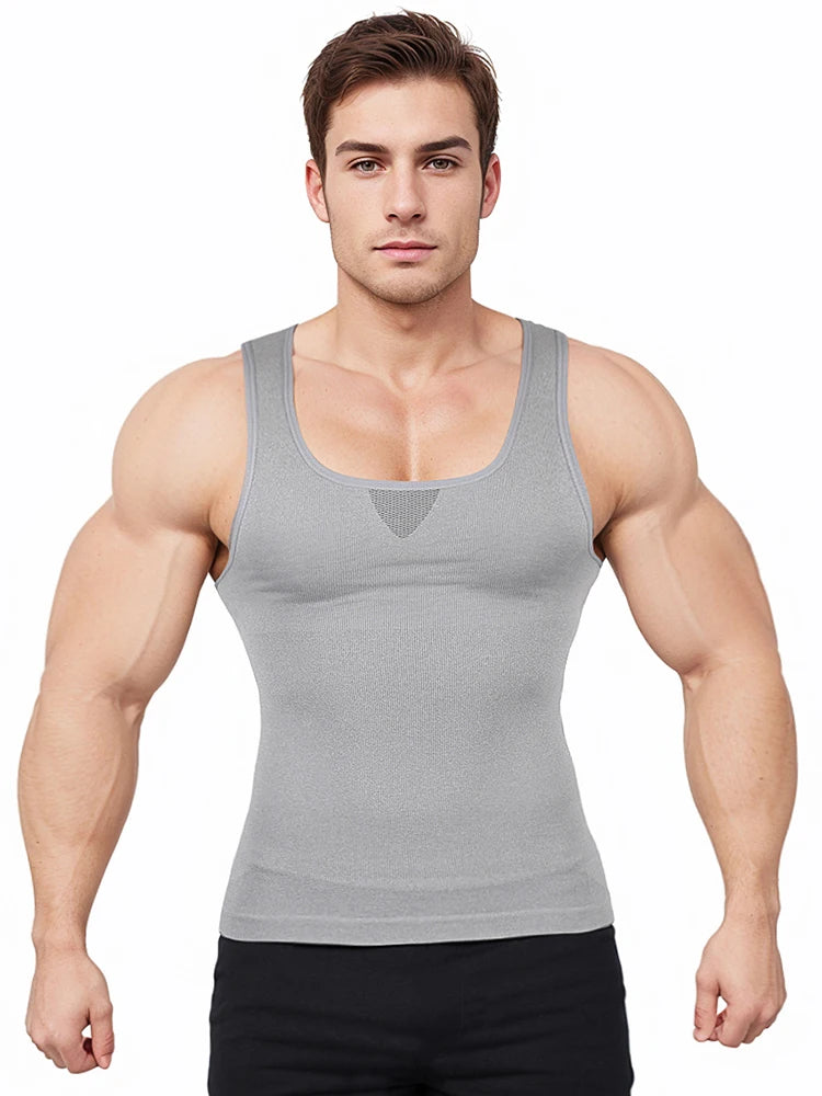 Muscular man wearing a grey Men's Compression Tank Top designed for core definition and support.