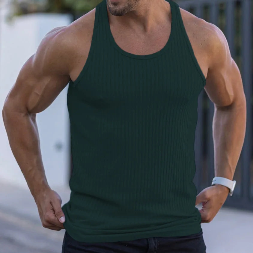 Large size men's sleeveless summer knitted vest in dark green, perfect for fitness and casual wear.