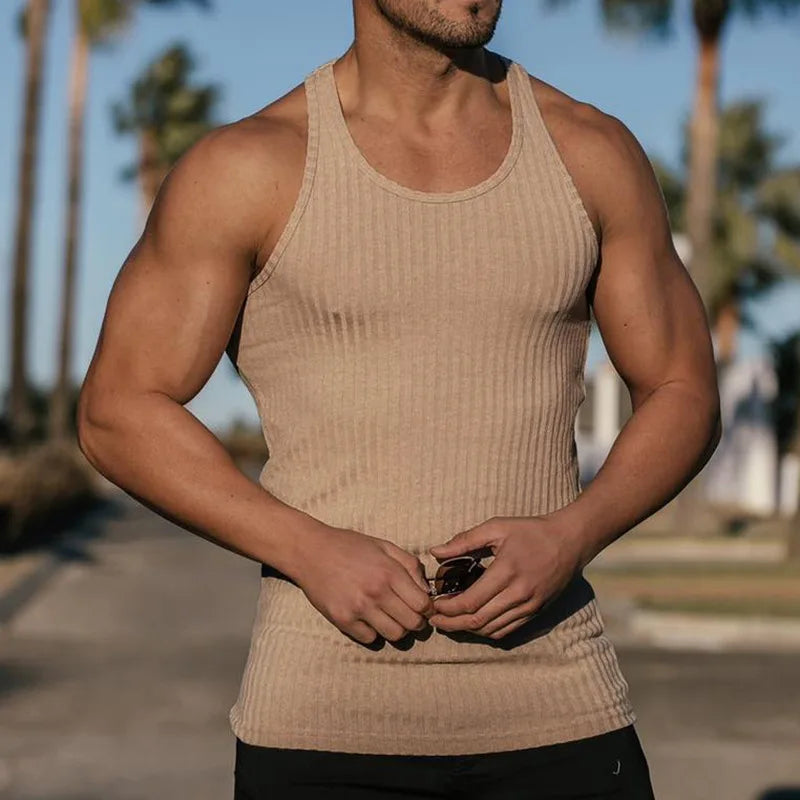 Men's sleeveless knit tank top in beige, perfect for summer fitness and casual wear.