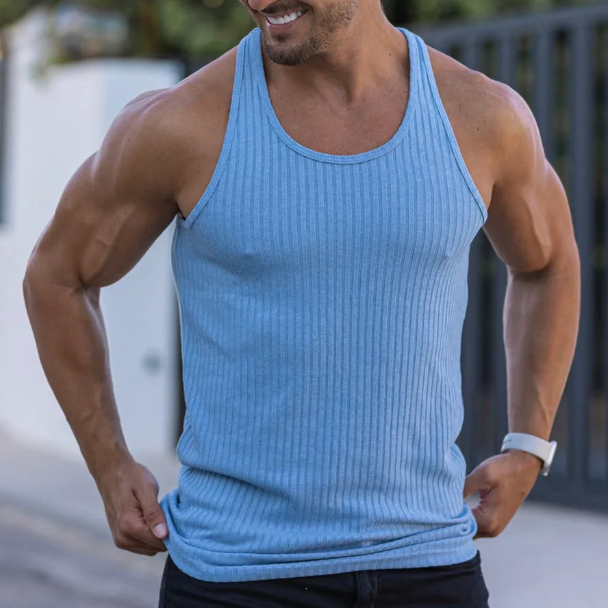 Men's large size sleeveless blue knitted tank top with vertical stripes, ideal for summer fitness and casual wear.