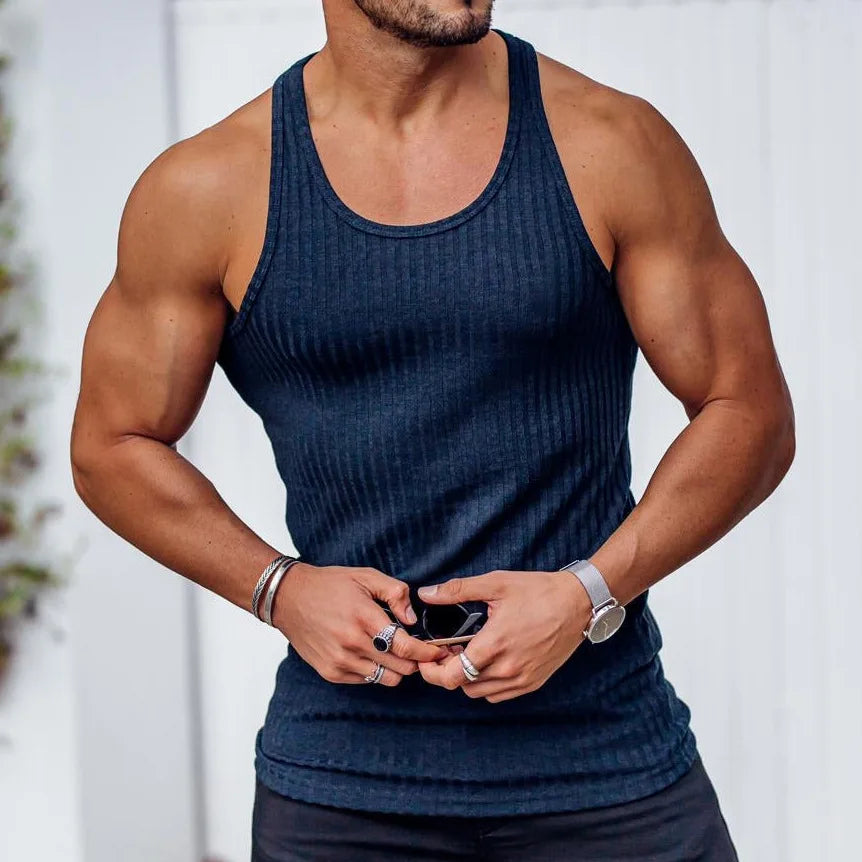 Men's large size sleeveless navy knitted tank top, perfect for summer casual fitness wear.