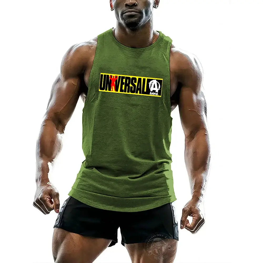 Men's sleeveless sports vest in green with 'UNIVERSAL' print, ideal for gym workouts and outdoor activities.
