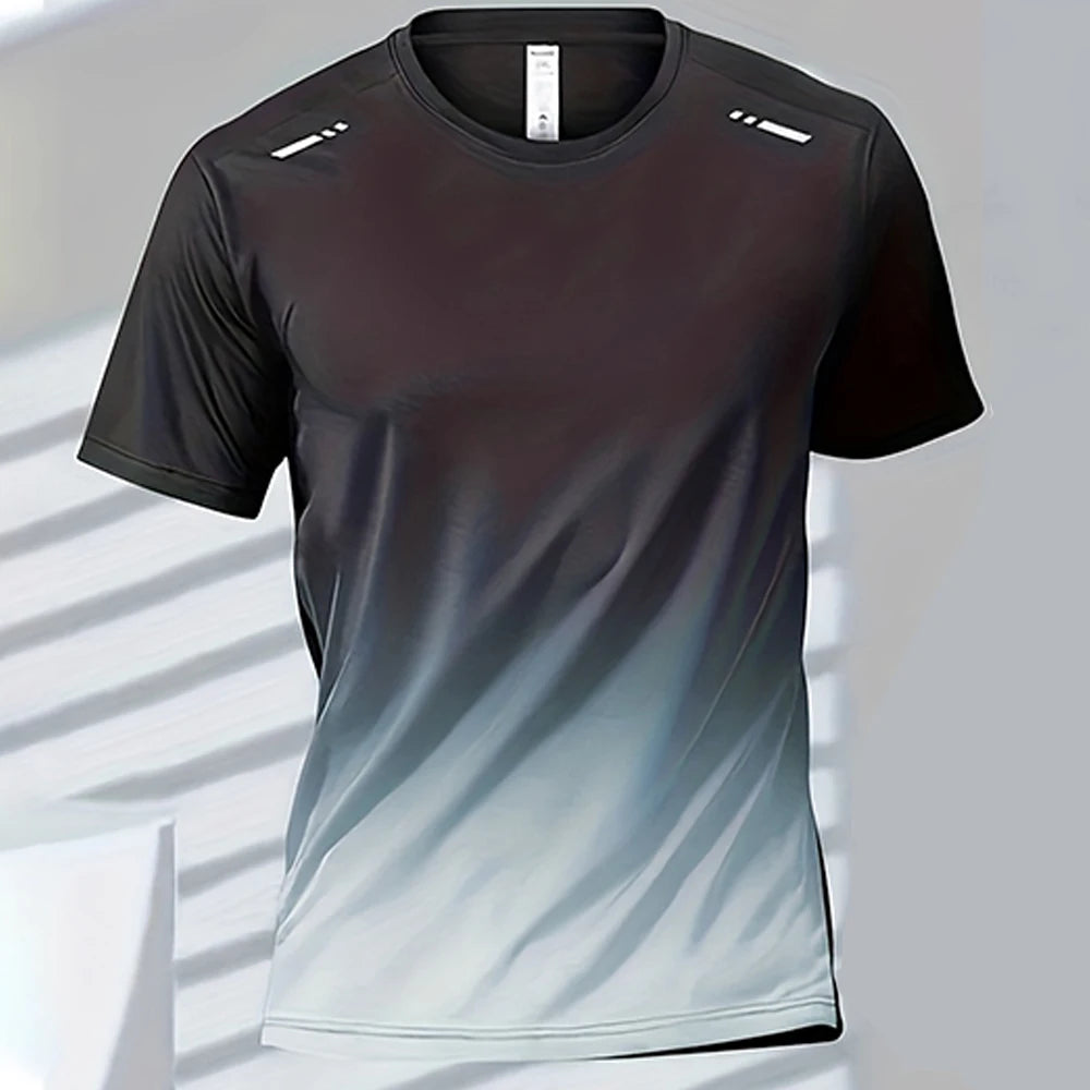 Men's quick-drying gradient short sleeve sports t-shirt for fitness and outdoor activities.