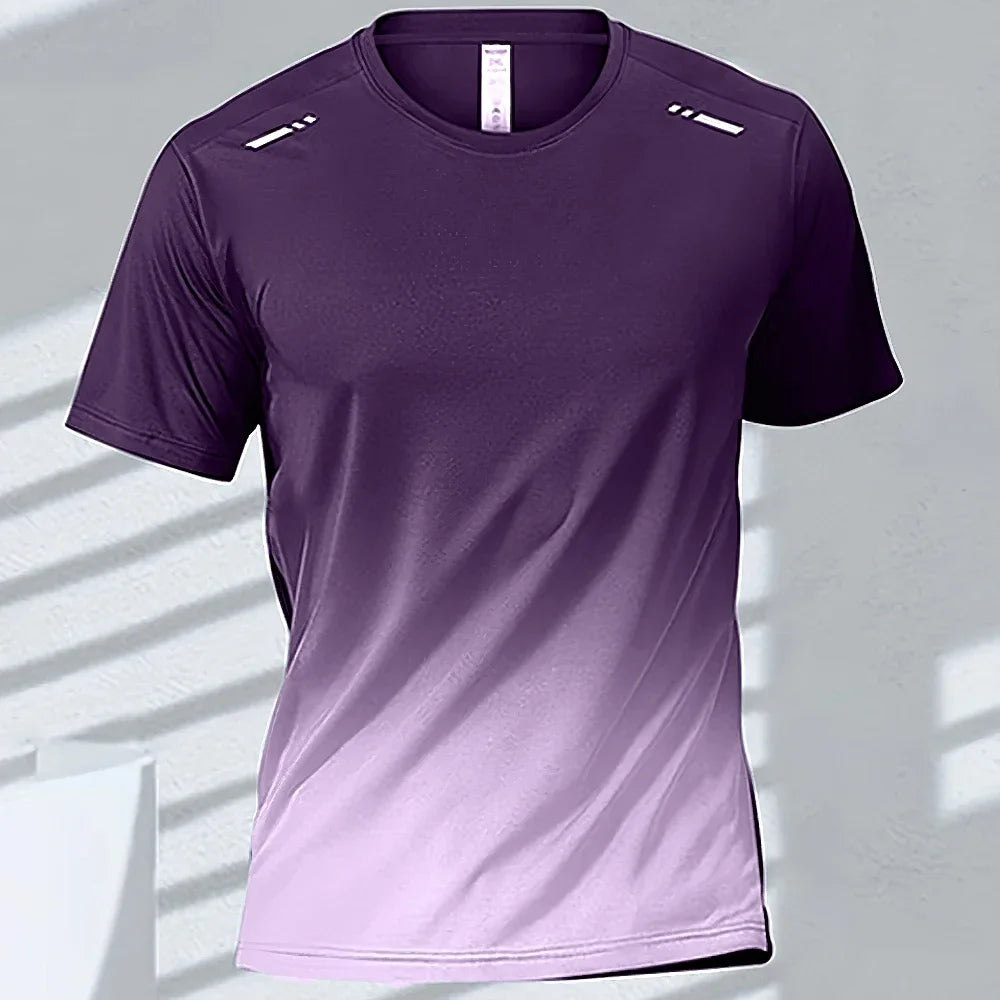 Men's quick-drying gradient purple short sleeve sports t-shirt for outdoor fitness and running.