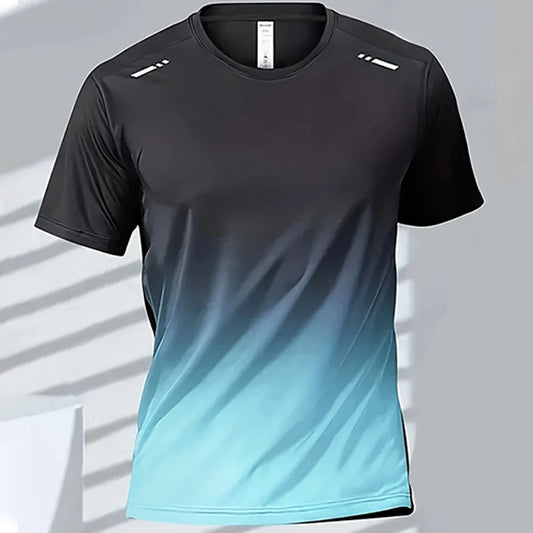 Men's quick-drying gradient short sleeve sports T-shirt for fitness and outdoor activities.