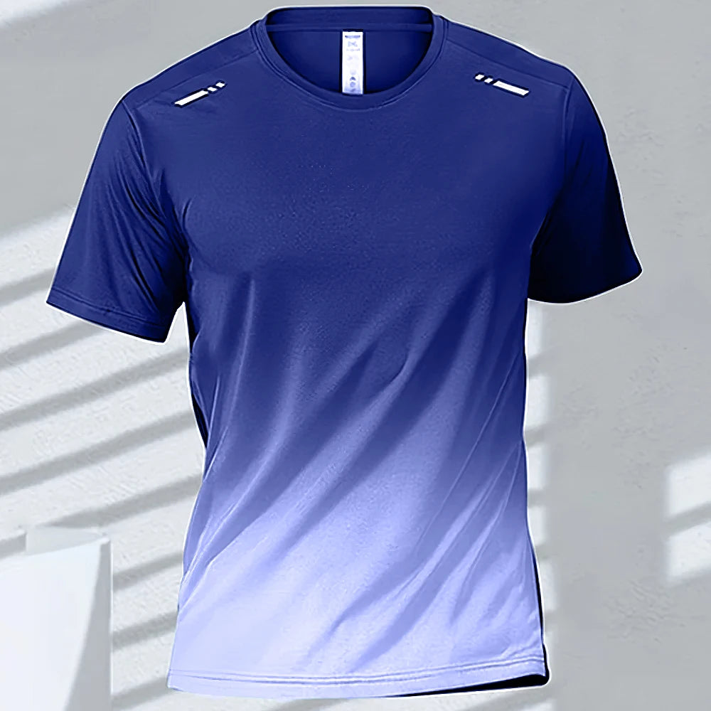 Men's quick-drying gradient blue short sleeve sports t-shirt for outdoor activities like basketball and running.