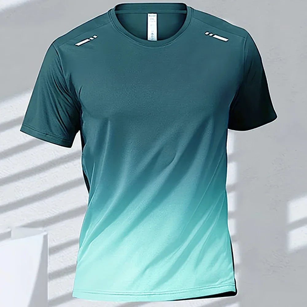 Men's quick-drying gradient short sleeve sports t-shirt for outdoor training and fitness.