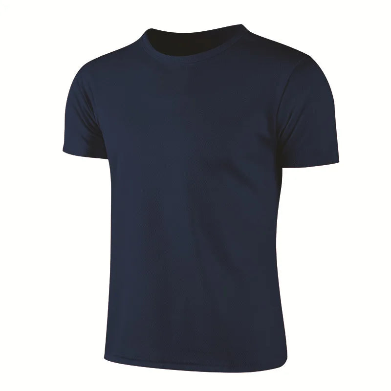 Men's quick dry navy blue sports T-shirt for running and fitness, 100% polyester material.