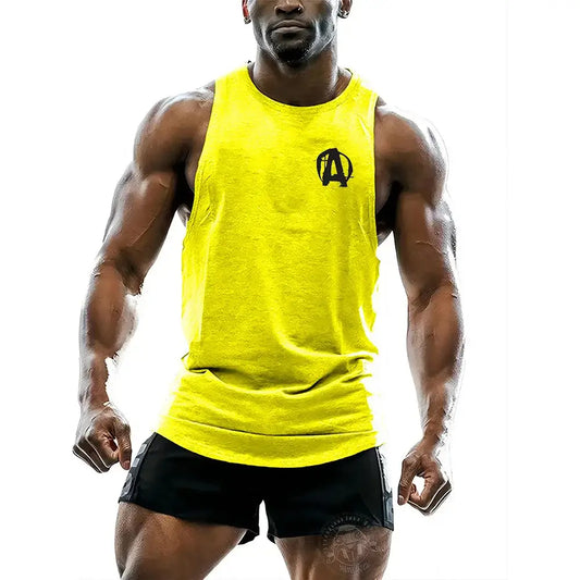 Men in yellow sleeveless sports vest showcasing muscular build, ideal for gym fitness and outdoor activities.