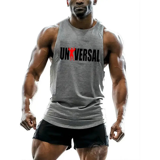 Muscular man wearing a sleeveless gray sports vest with 'UNIVERSAL' print, ideal for gym workouts and summer activities.