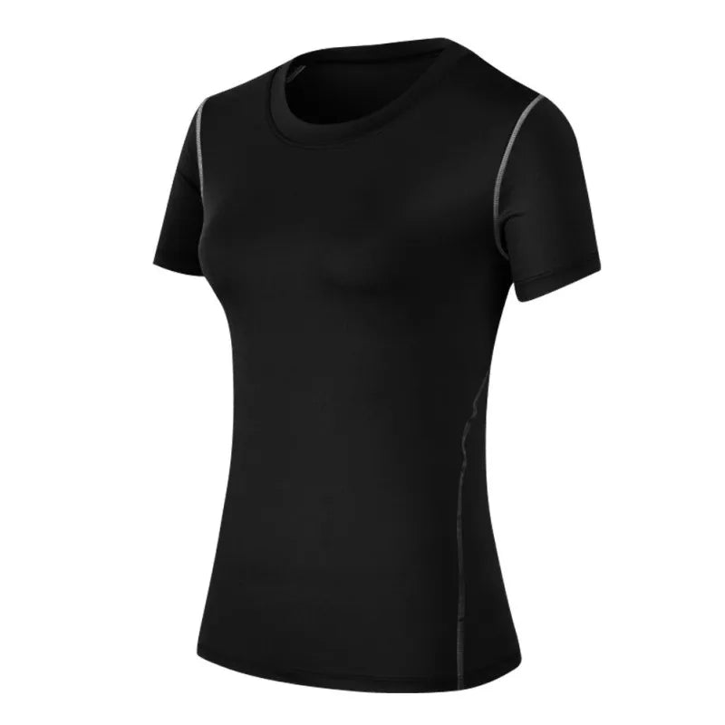 Black fitness women's quick drying t-shirt, lightweight and breathable for high-performance workouts.