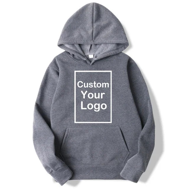 Custom Logo Sports Hoodie in gray, featuring a hood and front pocket, perfect for branding and comfort in cooler weather.
