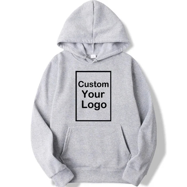 Custom logo sports hoodie in gray with a hood and front pocket, perfect for branding and casual wear.