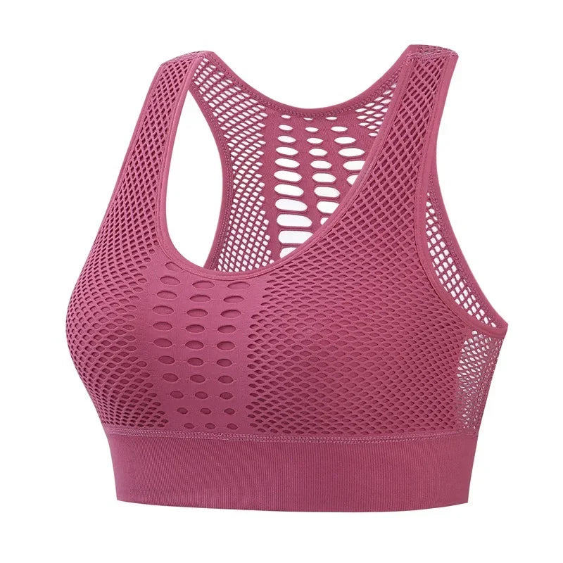 Women's breathable mesh sports bra in pink, designed for comfort and support during workouts.