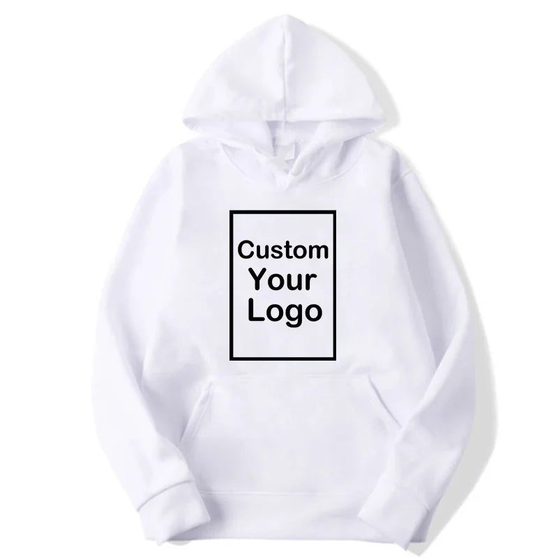 Custom logo sports hoodie in white, featuring a customizable text area for branding.