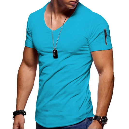 Men's turquoise V-neck quick-dry running t-shirt with short sleeves, perfect for athletic performance and style.