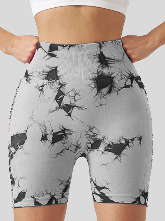 Women's high waist yoga shorts in grey with black abstract pattern, ideal for fitness and activewear.