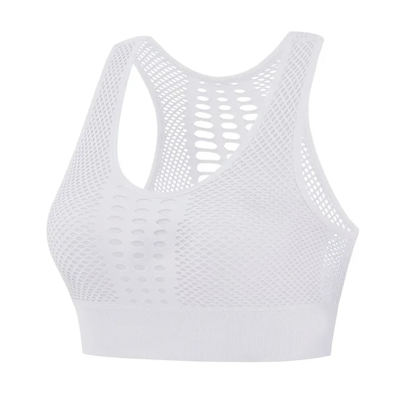 Women's breathable mesh sports bra in white, designed for comfort and support during workouts.